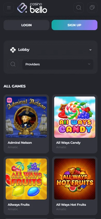 Casino Bello casino game selection on mobile