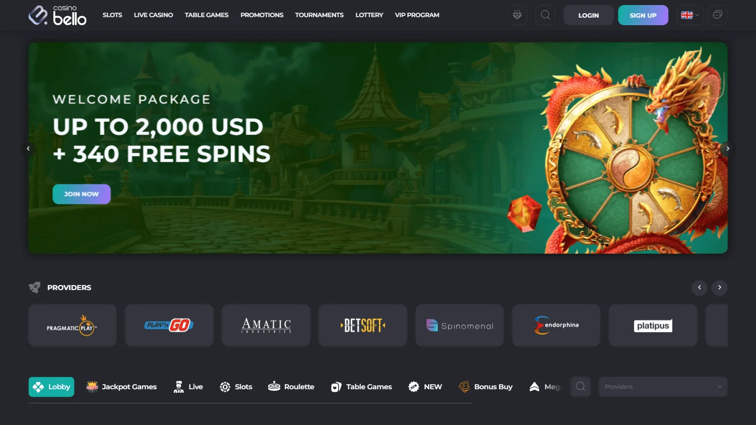 Casino Bello home experience on a desktop computer