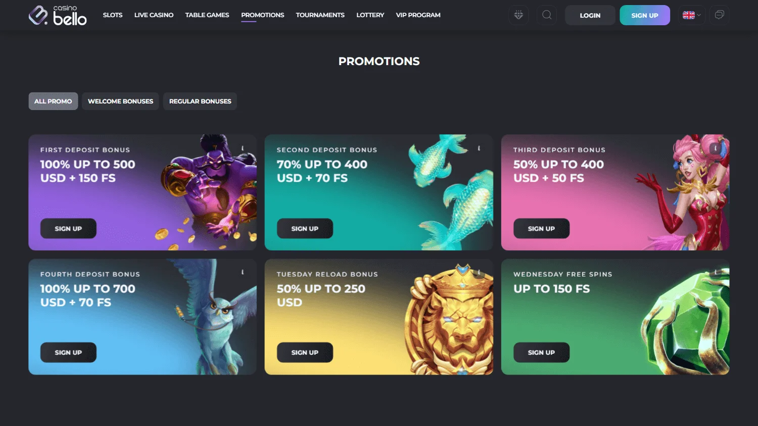 Casino Bello promotional offers on desktop