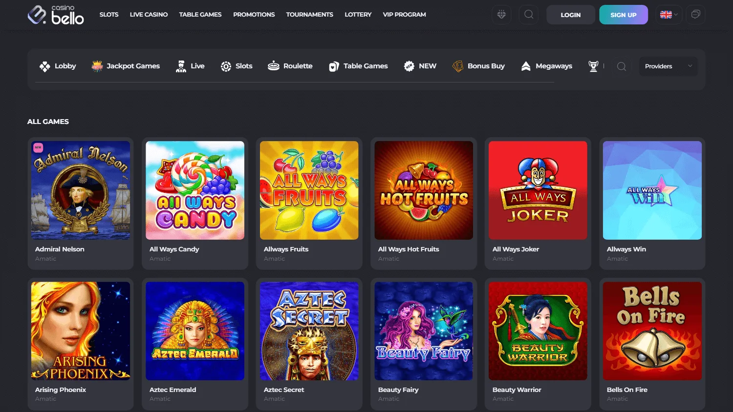 Casino Bello casino game selection on desktop