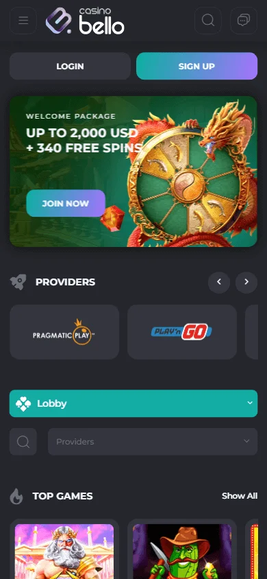Casino Bello home experience on a mobile device